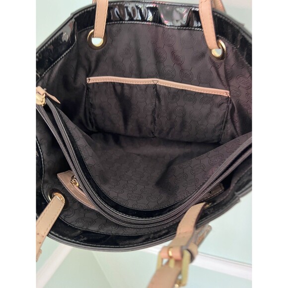 Michael Kors Collection Womens Tote Bag Black Patent Tan Dual Handle Monogram L - Picture 5 of 7
